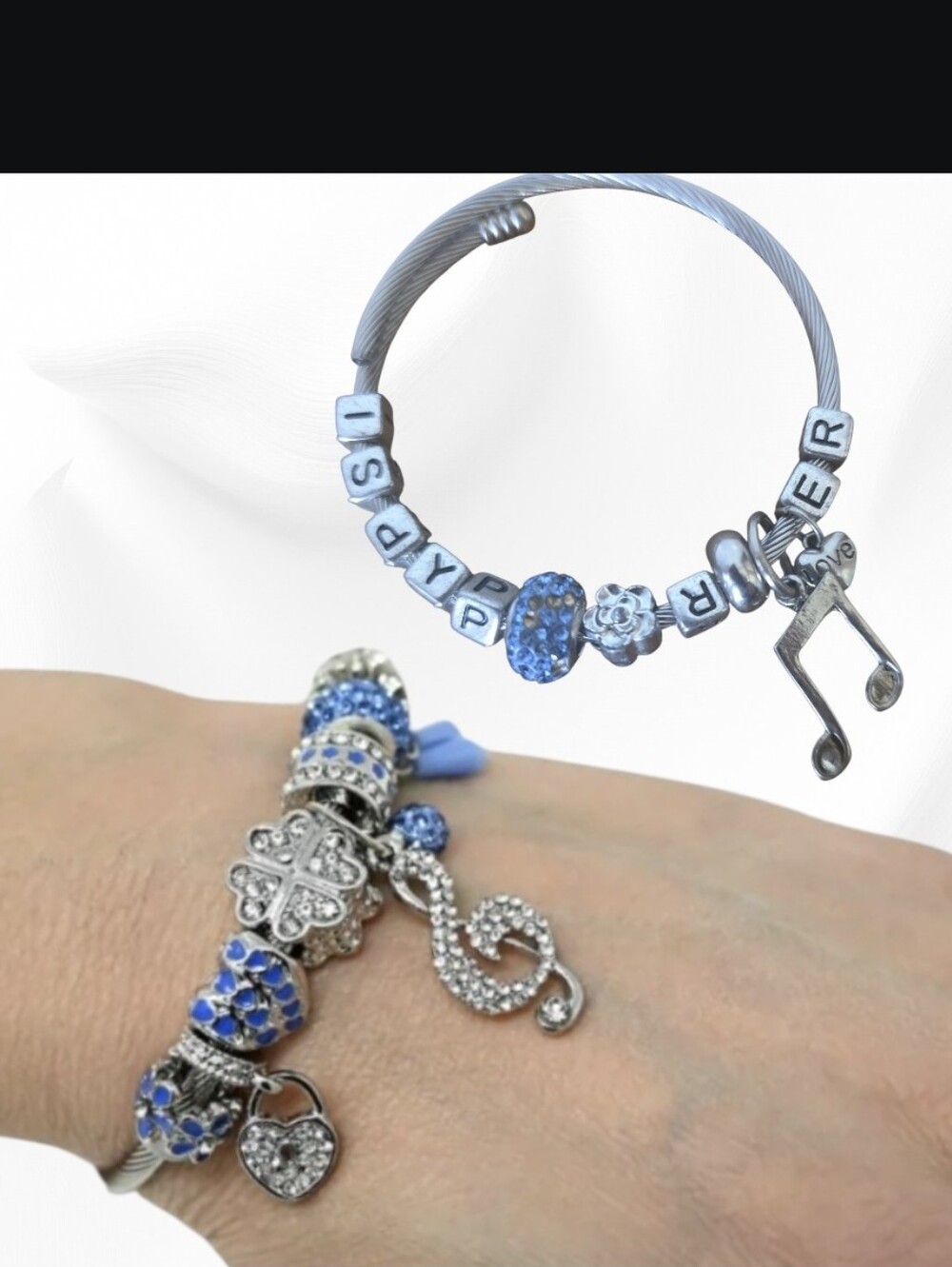Blue Crystal Charm Bracelet with Musical Note Charm